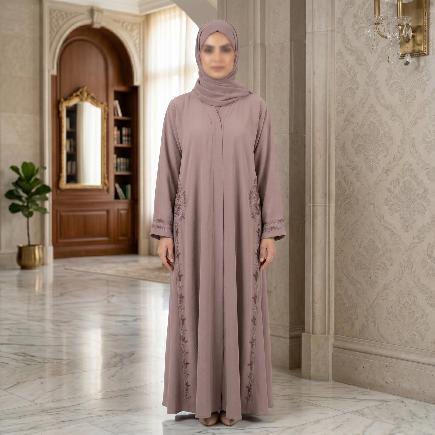 Blush Taupe Rose Embroidered Abaya | Flared Formal Modest Dress