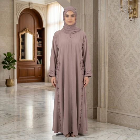 Blush Taupe Rose Embroidered Abaya | Flared Formal Modest Dress