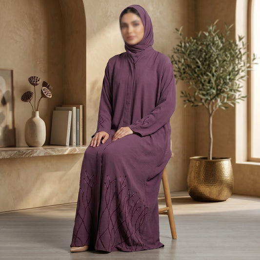 Dusty Mauve Botanical Embroidered Abaya | Seated & Formal Occasions