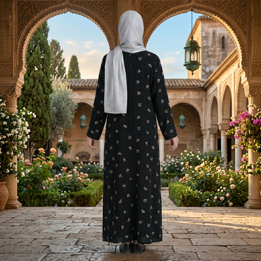 Black Floral Print Modest Abaya | Casual Everyday Wear