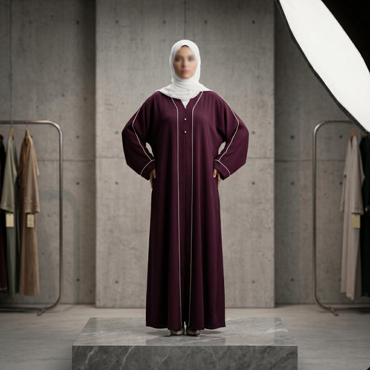 Burgundy Piping Detail Classic Abaya | Modest Everyday Wear