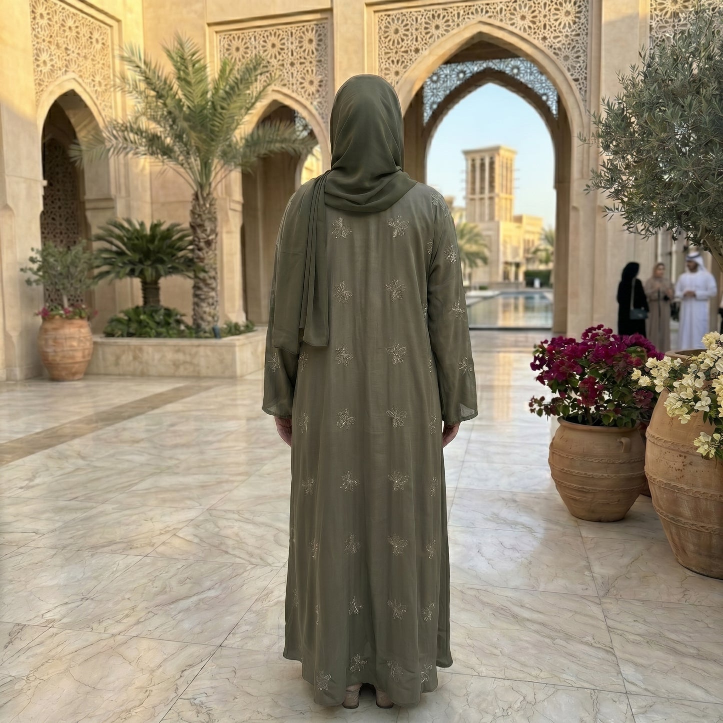 Olive Green Silver Floral Shimmer Abaya | Luxury Occasion Wear