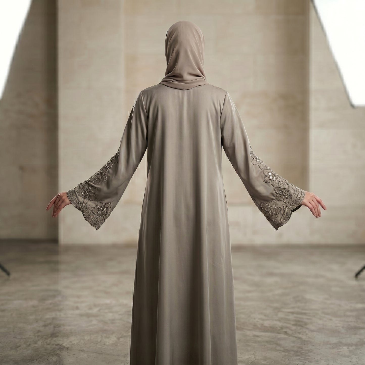 Taupe Floral Lace Cuff Abaya | Embroidered Bell Sleeve Modest Dress