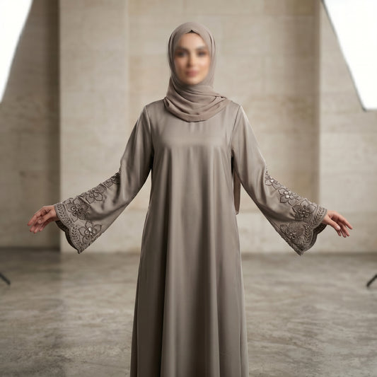 Taupe Floral Lace Cuff Abaya | Embroidered Bell Sleeve Modest Dress
