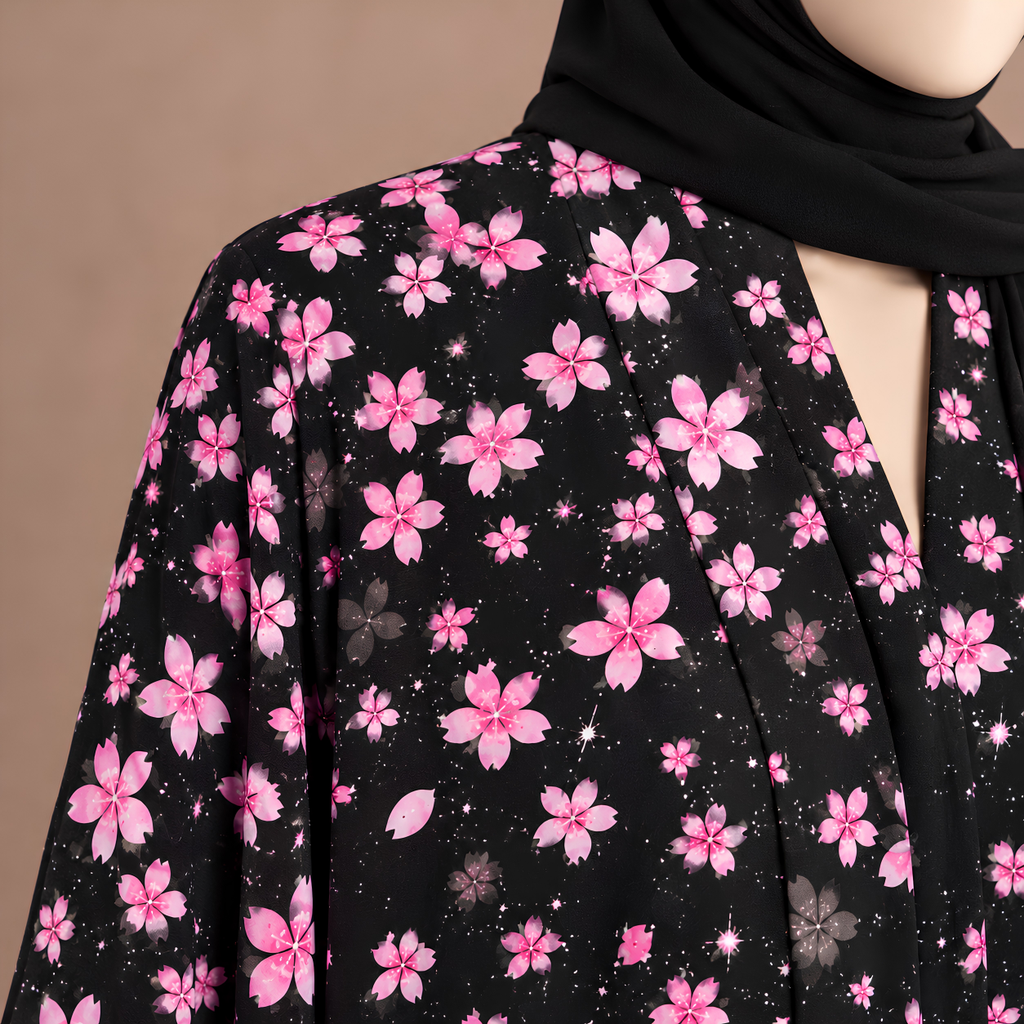 Pink Blossom Printed Chiffon Abaya